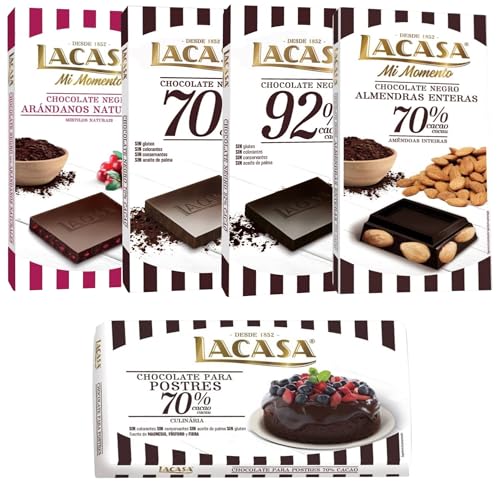 Pack Lacasa 5 deliciosas tabletas de chocolate de distintos sabores y tamaños: arandanos,negro,cacao 92%,culinaria200g, almendra 200g
