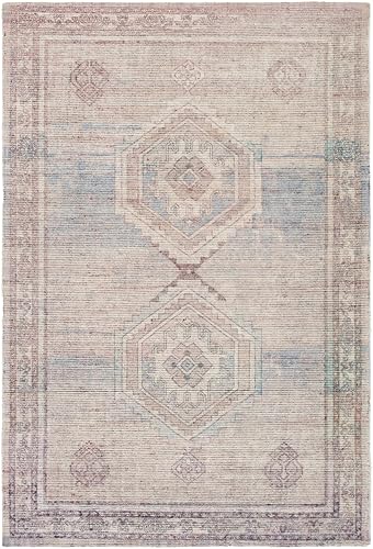 Hauteloom Yamka Area Rug - Medallion Geometric Border Diamond Distressed - Traditional Oriental Transitional Tribal Indian - Dusty Rose, Faded Lavender, Muted Blue, Beige, Gray - 2' x 3'