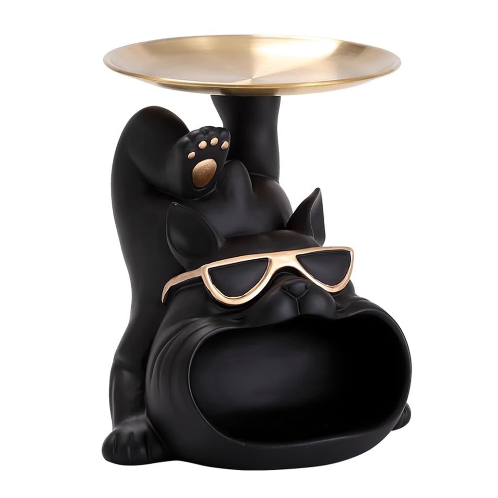 MEHWSARMEHWSAR Bulldog Tray Statue,Candy Dish Key Holder Bowl,Bulldog Bowl with Tray,Resin Statues for Office Desk Home Decor Figurines Entryway Table Decor(Nero)