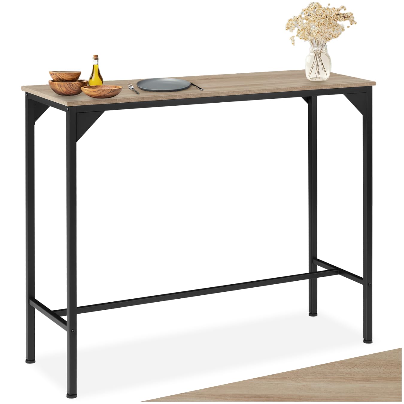 tectake® Tavolo Alto da bar snello, Tavolo stile industriale minimalista, Bancone Bar, supporto in acciaio verniciato, piedi regolabili 120 x 40 x 100,5 cm, Casa e Cucina - Legno Industriale Chiaro