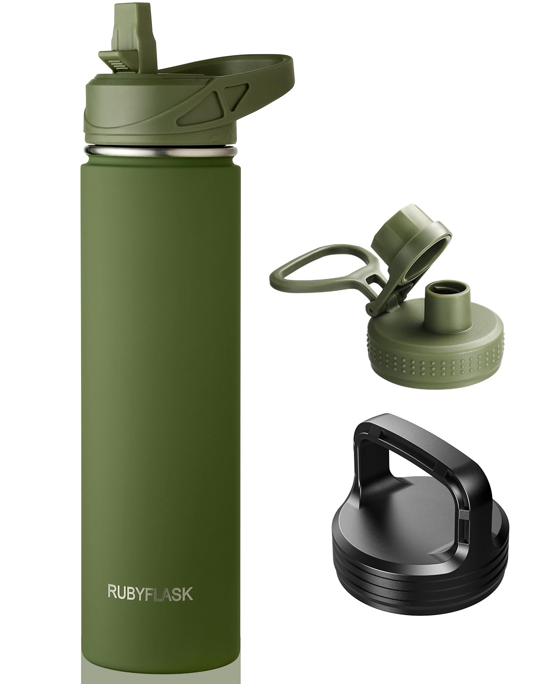 RUBYFLASK 24oz Insulated Water Bottle with Straw, Stainless Steel Metal Vacuum Water Flask, Large Thermos Water bottle with Leakproof 3 Lids for Travel, Camping, Gym Sports Armygreen
