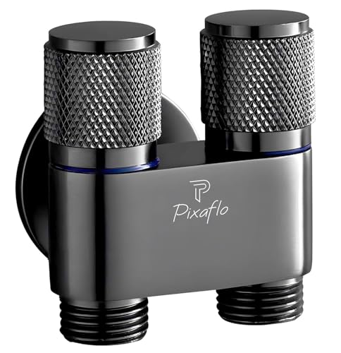 Image of Pixaflo Compact Brass 2 Way Angle Cock | 2-in-1 Angle Valve with Wall Flange | For Bathroom, Toilet, Wash Basin | Black Finish