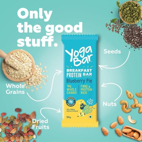 Image of Yogabar Breakfast Protein Bars Variety Pack of 6 (2 Blueberry, 2 Mocha Brownie, 2 Dark Chocolate Chip) | Protein Minis, 4g Protein Bar Pack of 7 (Free) | High Protein All in One | No Preservatives - No Artificial Flavours | Meal Replacement Bar