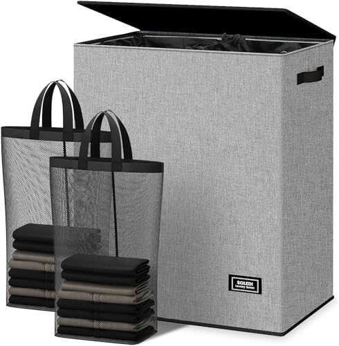 SOLEDI Double Laundry Basket with Lid, 145L, Grey