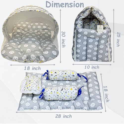 Image of Fareto Combo of Baby Bed with Net | Carry Bag | 4 Pcs Bedding Set (0-6 Months, Baby Size, Cotton) (Grey Sheep)