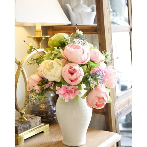 Image of FiveSeasonStuff Artificial Peony Bouquet, Pink, Beige & Green Silk Flowers for Wedding Centerpieces, Bridal Bouquets & Home Decor - Spring Waltz