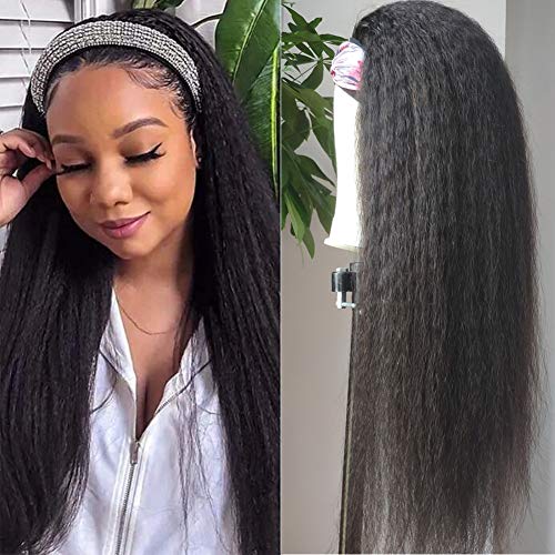 Headband Wig Kinky Straight Human Hair Wigs for Black Women Italian Yaki Headband Wigs Glueless None Lace Front Natural Black 100%Unprocessed Brazilian Virgin Hair 150%Density (18 inch)