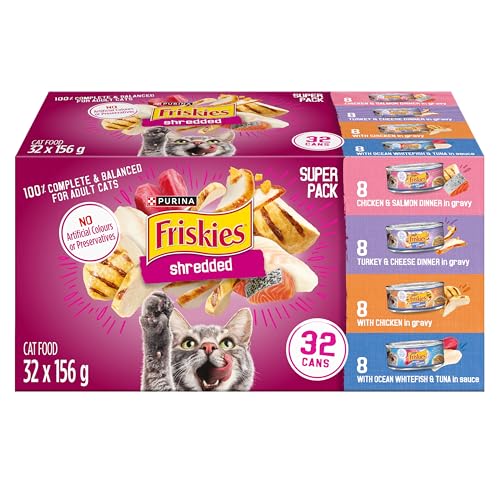 Friskies Shredded Wet Cat Food, Poultry & Fish Combo Variety Pack 4 Flavours – 156 g Can (32 Pack)