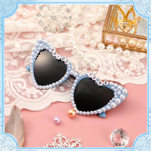 Flutesan Bride Sunglasses Blue Bachelorette Party Heart Sunglasses Bride To Be Gifts Pearl Heart Glasses for Bachelorette Party Accessories Favors4