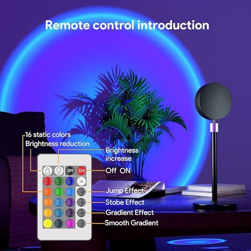 Image of Sunset Projection Lamp with Remote | 16 Color Changing LED Night Light | 360 Rotating Mood Lamp for Bedroom, Photography, Parties, Home Decor (Multicolor, Plastic)