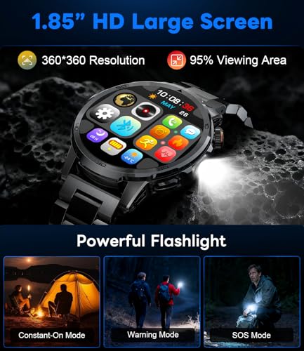 Image of Military Smart Watch for Men Answer /Make Call, 1.85'' HD Rugged Smartwatch with 1000mAh Battery /Flashlight /Heart Rate /110+ Sports Mode, IP68 Waterproof Fitness Tracker Watch for Android iPhone