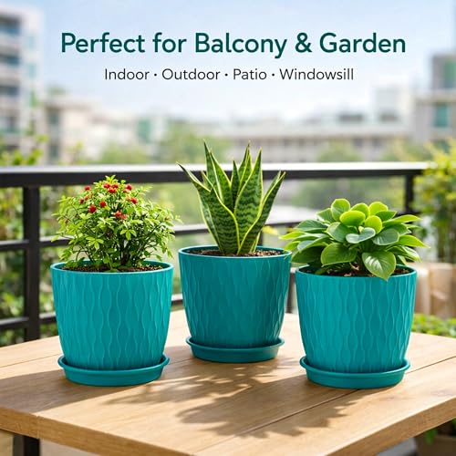 Image of Eightiz (Pack of 5 6 Inch Plastic Flower Pots for Indoor & Outdoor Terrace,Garden Plants Decorative Planters with Drainage Holes & Matching Saucers Durable & Lightweight (Bluegreen)