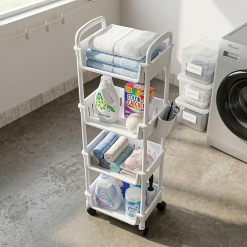 Image of Lukzer 4-Tier Plastic Rolling Storage Cart with Wheels | Multipurpose Utility Trolley Organizer with Basket Shelves & Side Holder & Hooks for Kitchen, Bathroom, Laundry & Office (White /26x34x103 cm)