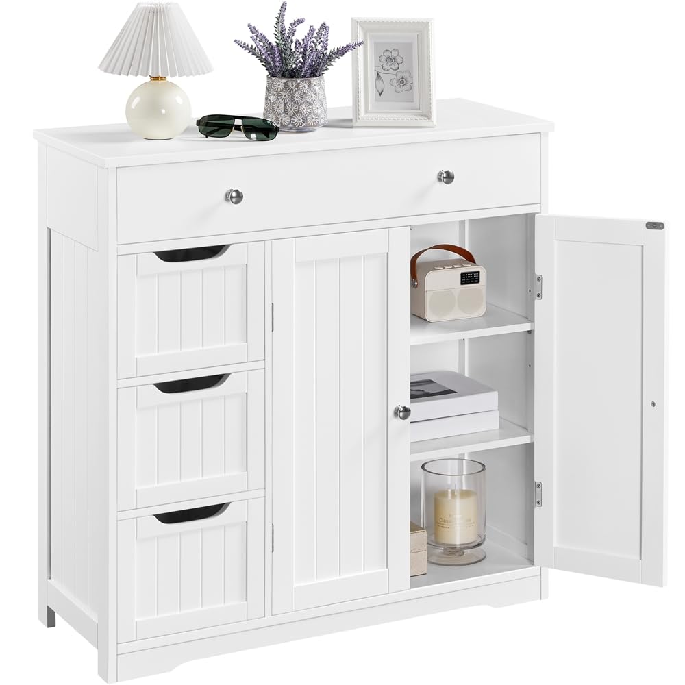 Yaheetech Mueble Almacenamiento de Baño Auxiliar Madera Blanco 81×30×81,5cm | Armario con Cajones y Estantes Ajustables Armario de Baño para Sala de Estar MDF