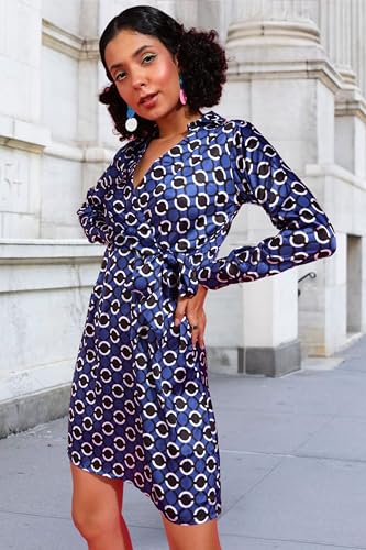 Image of POPWINGS Women Casual Blue & Black Dot Circle Print Satin Dress Dress | Stylish Dress | Trendy Dress