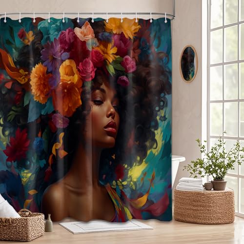 Tonmue Black Girl Shower Curtain African American Colorful Floral Black Woman Shower Curtains for Bathroom Decor Waterproof Cloth Fabric with Hooks 70 W x 72 L