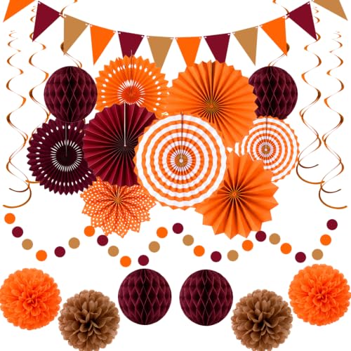 Image of 24 Pcs Fall Party Decorations, Burgundy Orange Paper Fans and Pom Poms Set