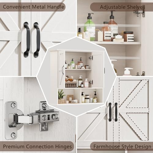 Image of Bathroom Wall Cabinet, Farmhouse Medicine Cabinet with Doors, Rustic White | Over The Toilet Storage Cabinet with Double Barn Door and Adjustable Wood Shelf for Wall Mounted for Bathroom Laundry Kitchen