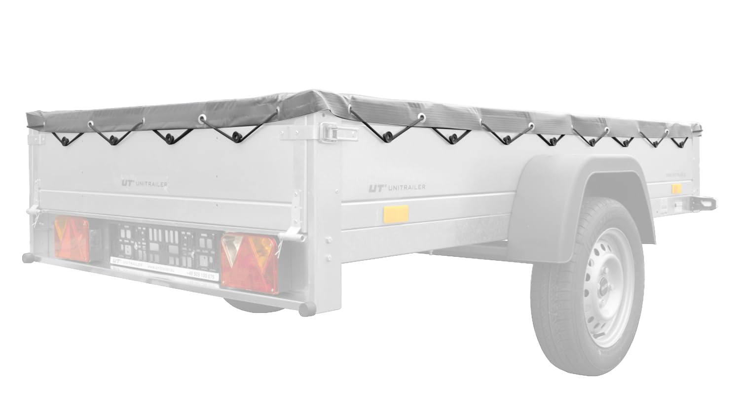 UNITRAILER Flachplane 235,5 x 130,9 cm für Garden Trailer 230 Kipp Anhänger, graue Abdeckplane 500 g/m² wasserdicht mit Expanderseil für Ladefläche 230 x 125 cm