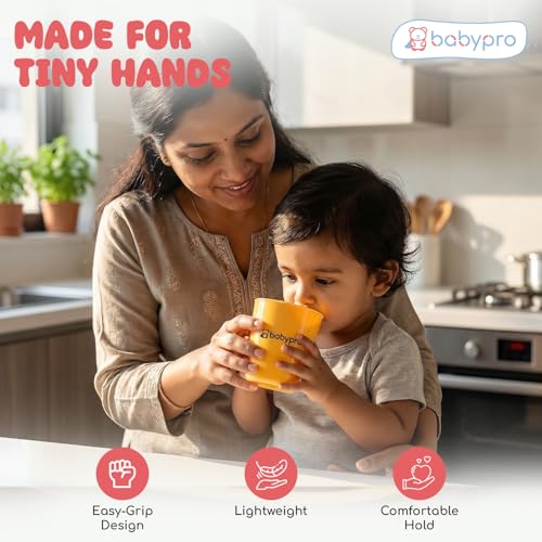 Image of BabyPro Kids Plastic Tumblers, 180 ml, Pack of 3, Multicolour Drinking Cups | Food Grade, BPA Free, Ergonomic Handle, Self-Feeding Cup for Water, Milk