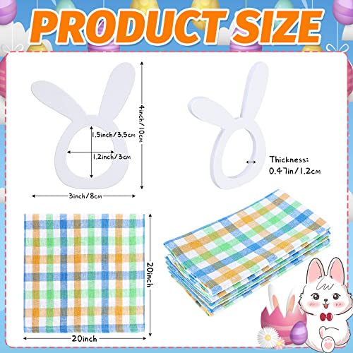 24 Pcs Easter Dinner Napkins Cloth And Wooden Bunny Napkin Rings Set Pastel Buffalo Checks Cloth Napkins Gingham Easter Napkins Cotton Easter Ear Napkin Rings Buckles Holders Spring Party Table Decor #TOP1