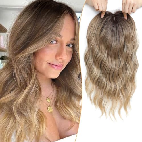 PANEWAY 16Inch Wavy Curly Brown Blonde Hair Topper with Dark Root - Clip In Hair Topper for Women