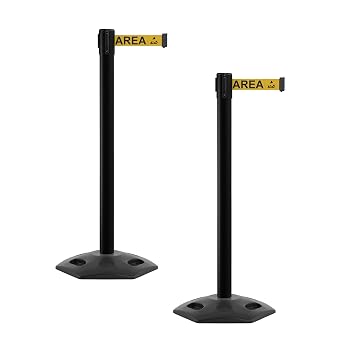 CCW Series WBB-200 Set of 2 Outdoor Safety Rubber Base Stanchion Retractable Belt Barriers - Easy to Assemble 11 Foot Belt, Yellow with"ESD Protected Area" Black Letters Belt with Black Post