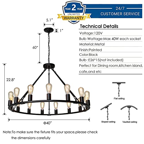 Senyshilon Wagon Wheel Chandelier, 15 Light Black Farmhouse Chandeliers for Dining Room, Dia 40'' Industrial Dining Room Light Fixture for Kitchen Island Living Room Foyer by Senyshilon - Image 5