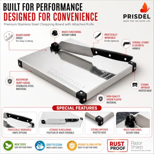 Image of Stainless Steel Chopping Board with Attached Knife | Food Grade Steel Cutting Board for Kitchen | Heavy Duty Metal Vegetable Cutting Board | Rust Resistant, Easy to Clean