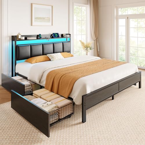 Image of Rolanstar Bed Frame Queen Size with Charging Station and LED Lights, Upholstered Storage Headboard with Drawers, Heavy Duty Metal Slats, No Box Spring Needed, Easy Assembly, Black