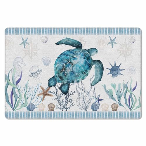 Nautical Turtle Antifatigue Kitchen Bath Door Mat Cushioned Runner Rug,Washable Welcome Floor Sink Mat,Waterproof & Non-Slip Kitchen Standing Doormat,Coastal Starfish Shells Corals Anchor Blue 24