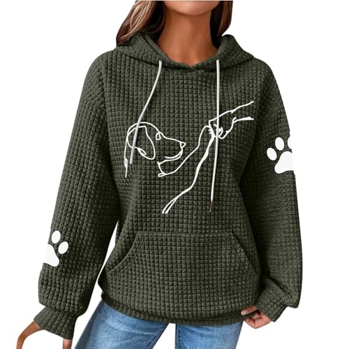 Generisch Hoodie Damen Hoodies Und Sweatshirts Für Drawstring Lockere Kapuzenpullover Langarm Mit Hundemotiv Oversized Kapuzenpulli Herbst Kapuzenhoodie Tasche Gym 01-Armeegrün M