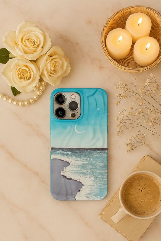 Image of COVERLY for iPhone 14 Plus Aesthetic Ocean Wave Sky Design Mobile Back Case Cover, Luxury Texture Trendy Cute Blue Sea Moonlight Cool Design -Shade 3D Wrinkle Princess Cover for Apple iPhone 14 Plus