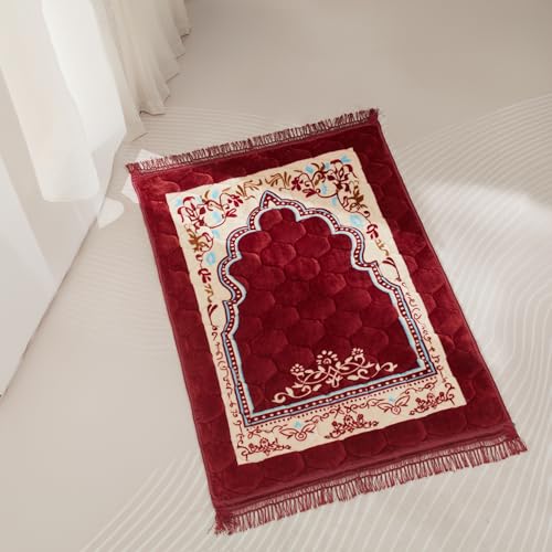 Image of Muslim Prayer Rug with Tasbih Prayer Beads, Soft Large Prayer Matt Islam, Padded Islamic Prayer Mat Thick for Men and Women, Janamaz, Sajadah (31.5 inch x 47.2 inch, Red)