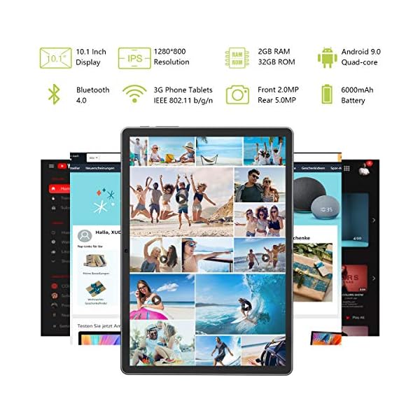 Tablet 10 Inch, Dual SIM Solt Android 9.0 Quad Core Processor Tablets, 32GB ROM 6000mAh Battery Google Certified HD Tablet, Support 128GB Memory Storage Expand, WiFi, Bluetooth, GPS