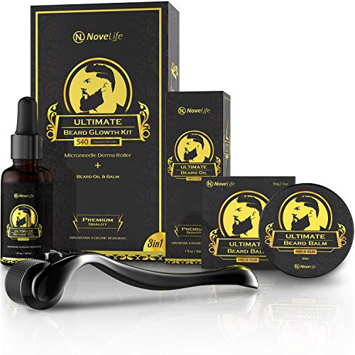 Beard Growth Kit for Men - NoveLife Derma Roller, Natural Beard Balm & Beard Oil Kit â€“ Beard Growing Kit Comb for Beard & Mustache Facial Hair Growthâ€“ Gifts for Men