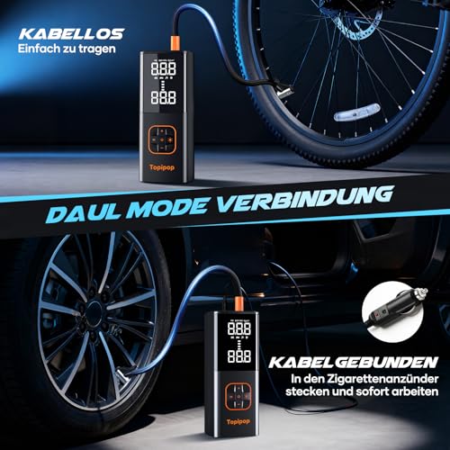 Topipop Elektrische Luftpumpe, 150 PSI Akku Kompressor für Auto/Fahrrad/E-Scooter/Motorrad/Bälle, Tragbare elektrische Fahrradpumpe mit 4 Modi, Inkl. Powerbank und Notlicht(Schwarz)