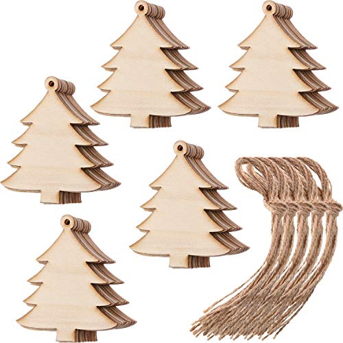 Tatuo 50 Pieces Wooden Christmas Tree Cutouts Embellishments Hanging Ornaments with Ropes for Christmas Decoration, Festival, Wedding, Craft