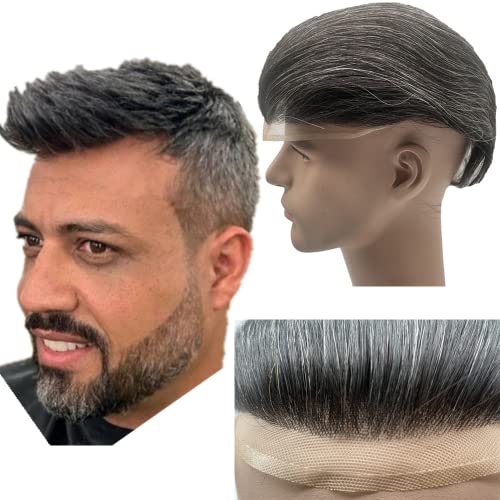 NLW Human Grey Toupee Human Full Lace Gray Hair Toupee for Men Swiss Lace Hair prosthesis hair replacement system Gents hair piece Straight hair piece for man Base 8 * 10’’(#1B20 Gray)