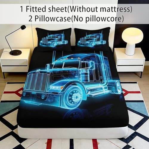 Drap-Housse 90x200 Camion Bleu Protection Matelas Microfibre Imprimée 3D - 3
