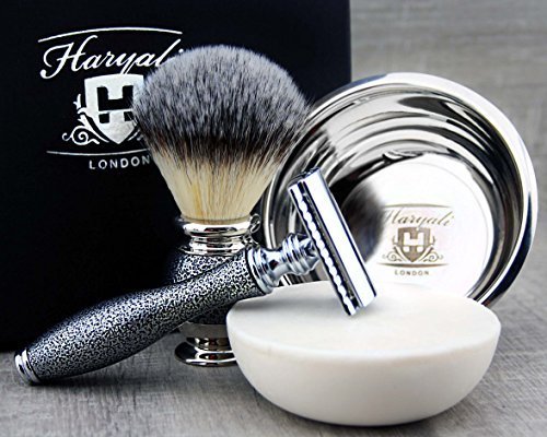 Set di 4 pezzi in stile vintage Rasoio a doppio bordo Pennello da barba sintetico, ciotola in acciaio inossidabile e sapone per la rasatura a umido