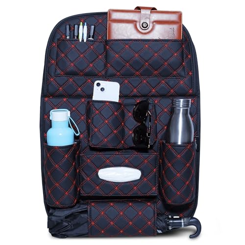 Image of Neodrift 'Seat Master' Premium 7D Car Seat Organizer With Folding Meal Tray, Universal Fit & Stylish Interior, Multipocket Storage for Bottles, Mobile, Keys and Documents & Tissues (Color: Black-Red)