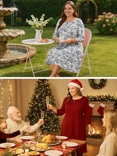 Image of AusLook Women's Plus Midi Dresses Crew Neck A Line 3 /4 Sleeves Casual Elegant Loose Wedding Vacation Dress with Pockets
