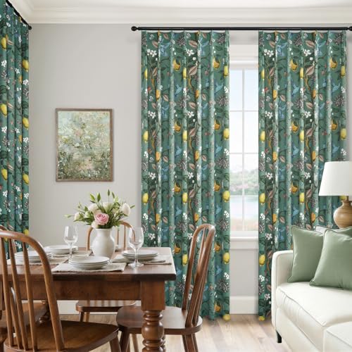Image of Vintage Boho Floral Pinch Pleated Curtains 84 Inches Long for Living Room,Sage Green Lemon Hummingbird Patterned French Country Drapes for Bedroom,Botanical Woodland Jungle Blackout Drapes,2 Panels