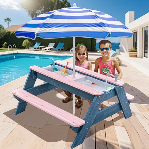 Miniatura 6 de Kids 3 en 1 - Mesa de picnic convertible para exteriores con paraguas, 2 cajas de juego, parte superior desmontable, mesa de grifo para exteriores (rosa/azul marino)