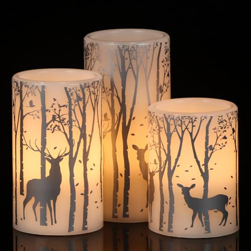 Image of GenSwin Flameless Candles with Timer, Christmas LED Flickering Candles Real Wax with Silver Deer Decals, 3 Pack Pillar Fake Candle for Winter Indoor Fireplace Christmas Decor(D3 inch x H4 inch5 inch6 inch)