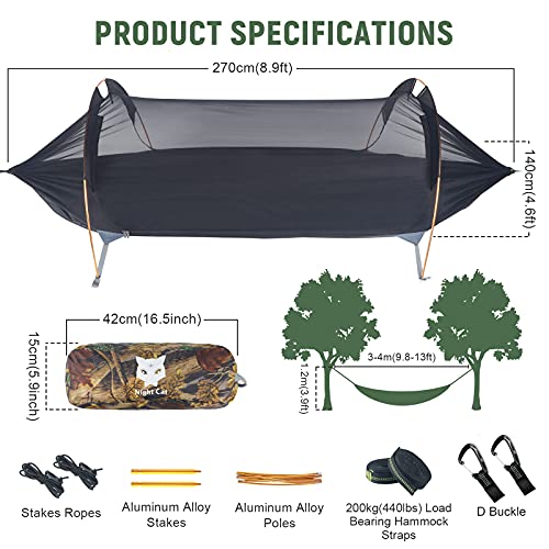Night Cat Camping Hammocks with Mosquito Net Tent and Rain Fly for One Person Waterproof Breathable for Hiking Fishing Outdoor Garden - Image 5