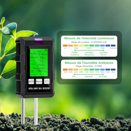 Wigearss Testeur de pH du Sol 6 en 1, Testeur pour Humidité/Fertilité/pH/Température/Lumière/Humidité Ambiante – Image 5