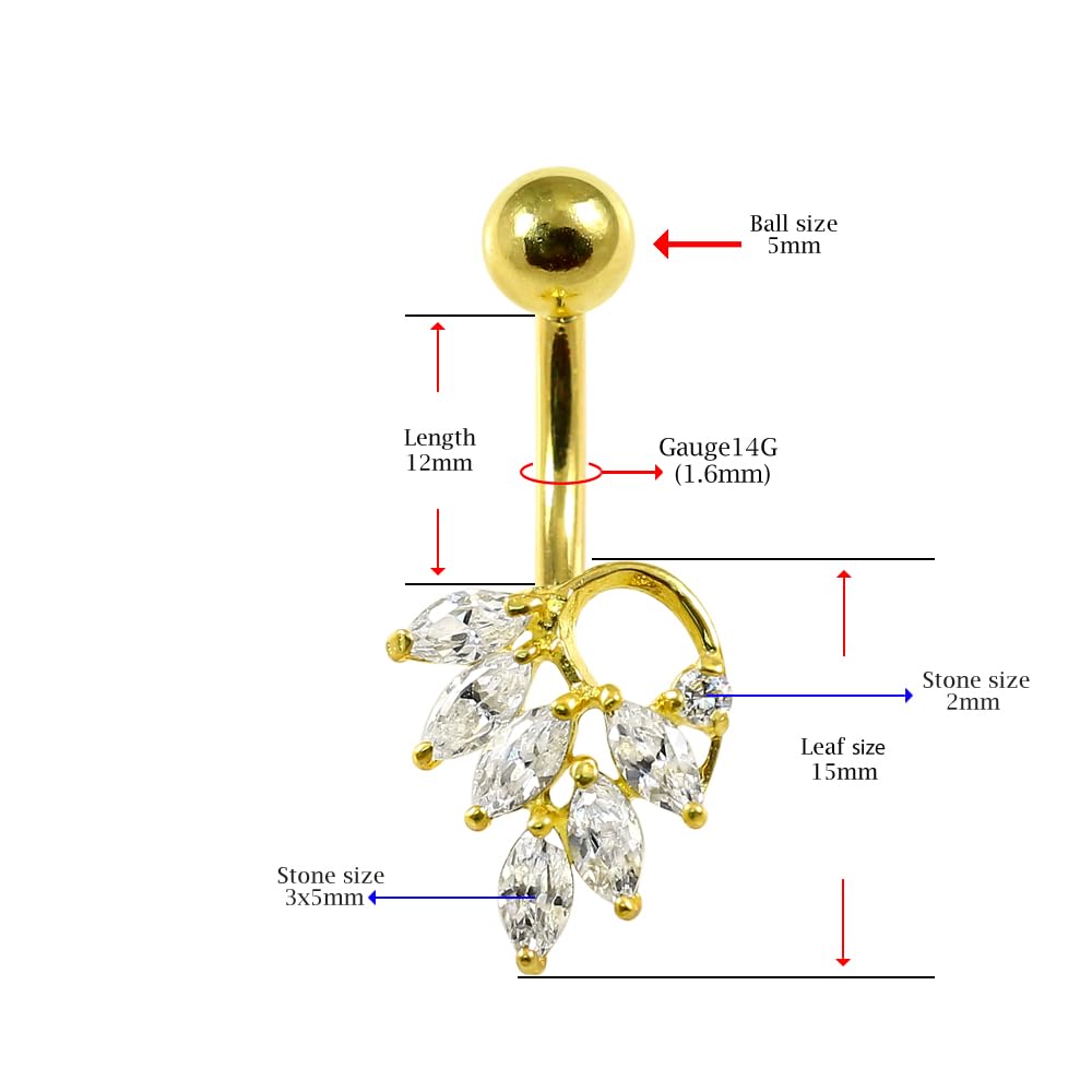 Piercing para ombligo de oro amarillo macizo de 14 quilates con circonita cúbica y diseño de hoja de piedra - Joyería de ombligo de 14 quilates - Piercing para el ombligo de calibre 14,