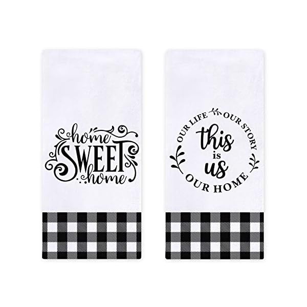 Farmhouse Family Kitchen Dish Towels Set of 2, Black White Buffalo Check Plaids Ultra Absorbent Fast Drying Cloth Decorative Tea Towels for Cooking and Baking 18 x 28 Inches